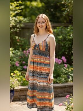 Sleeveless Spaghetti-Strap Maxi Dress in Orange, Blue & White